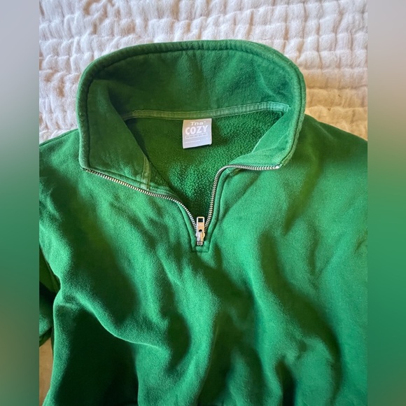 TNA Aritzia Cozy Fleece Money Green 1/4 Quarter Zip Cropped Sweatshirt Vintage S - Picture 6 of 14